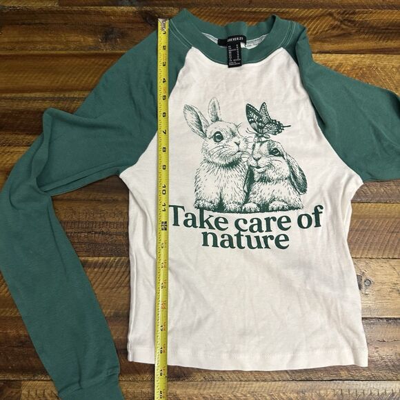 Forever 21 Size Medium Graphic Tee Baseball Raglan Sleeves Take Care of Nature - Picture 6 of 8